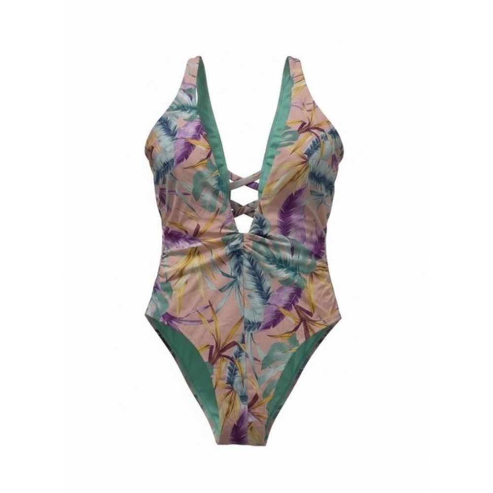 Bar III Womens Tropical Print Lattice One Piece Swimsuit Pink Green Small NEW - Picture 2 of 4